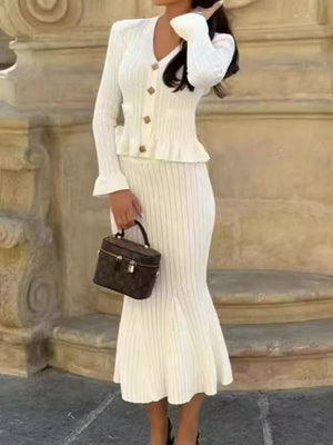 Waist Flared Sleeves Knitted Top Fishtail Skirt Workplace 2-piece Sets