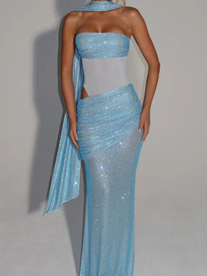 Liber Summer Women's Sequins, stitching, Lined Solid Color Maxi Dresses