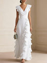 Solid Color Pleated Short Sleeve V-neck Chiffon Long Dress