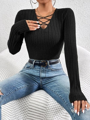 Drawstring V-neck Long-sleeved Brushed Ribbed Knit T-shirt Top