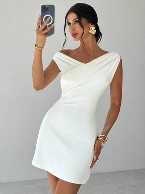 Off-the-shoulder Knitted Irregular Style Cross Neck Splicing Sleeveless Double Layer Slim-fit Short Dress