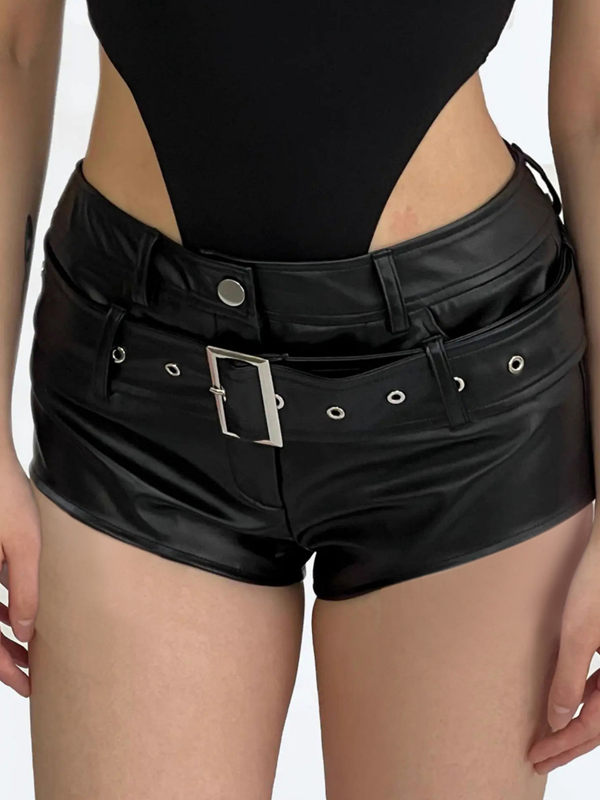 PU Leather Leather Buckle Mid-to-low Waist Elastic Shorts