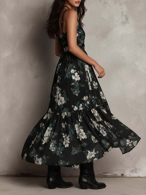 V-neck, Fitted Waist, High Slit, Spaghetti Strap Long Dress