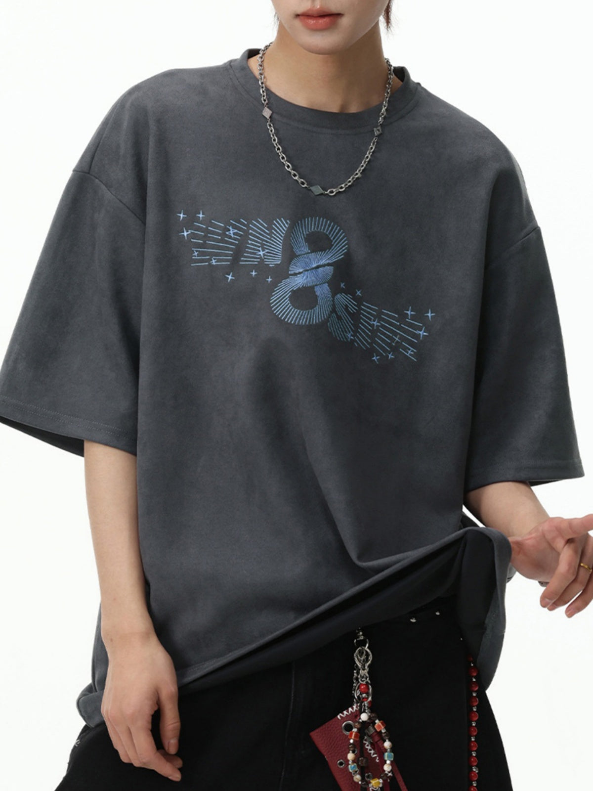 Imitation Suede Color-blocked Printed Loose-fit T-shirts