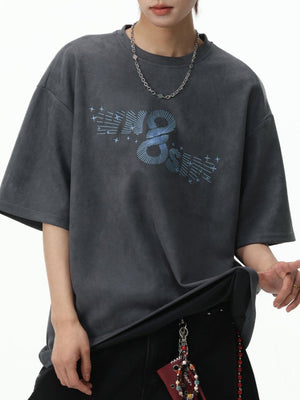 Imitation Suede Color-blocked Printed Loose-fit T-shirts