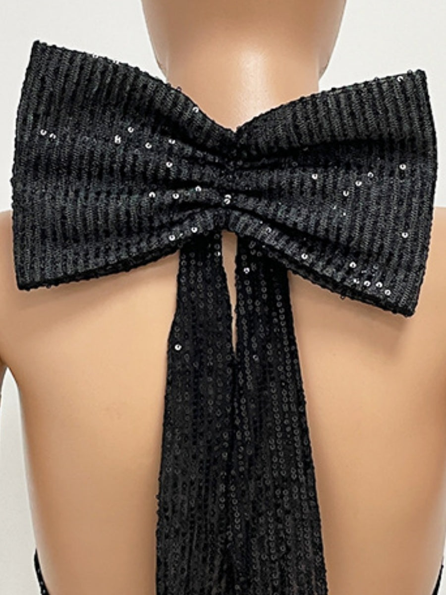 Sequined Large Bow Halter Neck Backless Parties Maxi Dresses