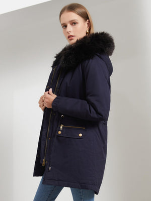 Doudoune à capuche doublée polaire avec col en fourrure et poches à cordon de serrage