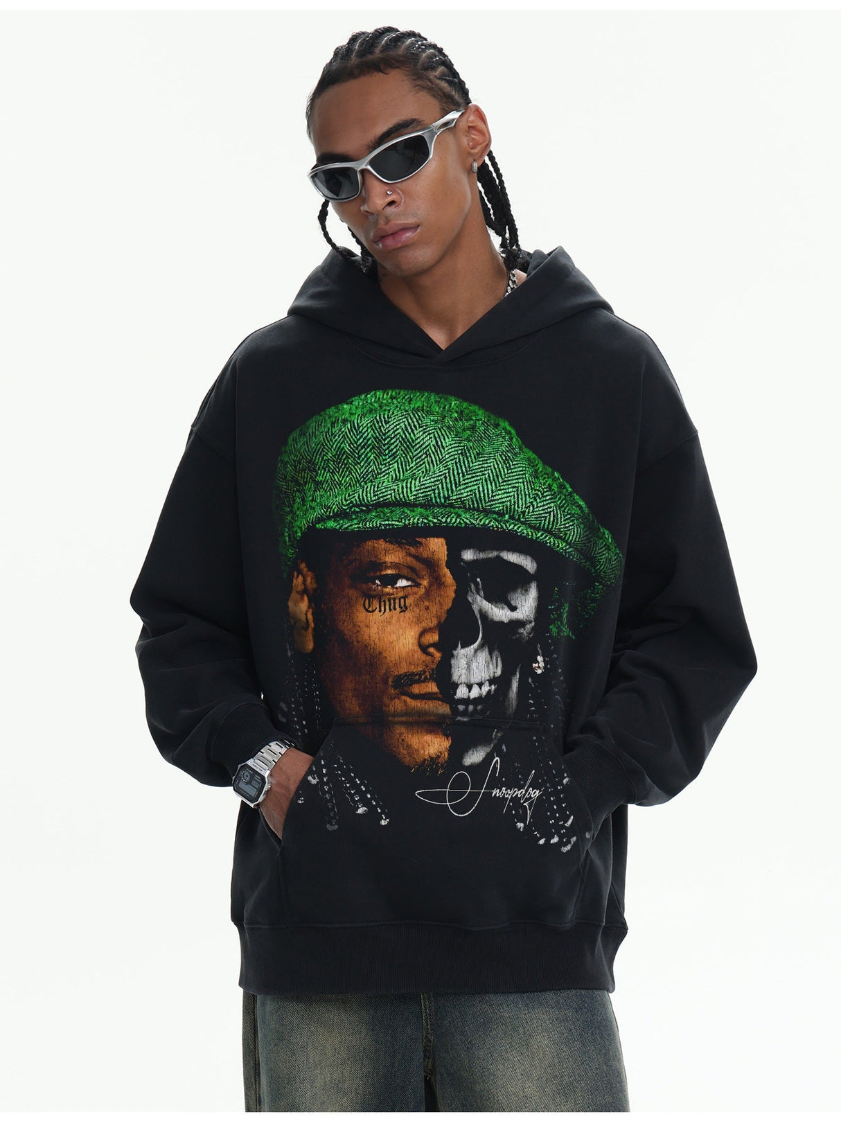 Printed Washing Knitted Hooded Sweatshirt