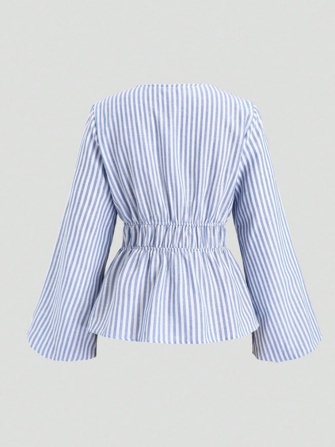 Liber Summer Women's Lace up Waist Stripes Shirts