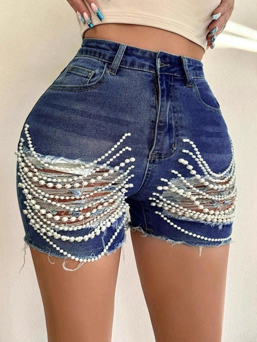 High-waisted, Slimming Pearl Chain Ripped Denim Shorts