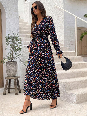 Floral Long Sleeve Square Collar Vacation And Leisure Maxi Dresses