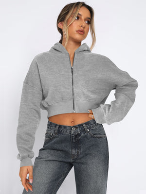 Women's Autumn/Winter Solid Color Zipper Cardigan Long Sleeve Short Hooded Sweatshirt