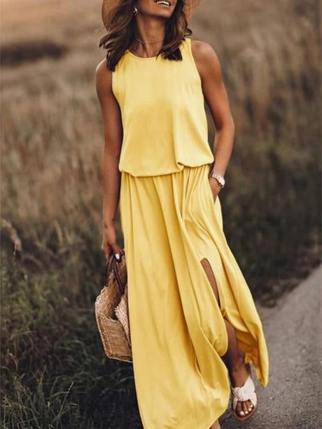 Round Neck Sleeveless Slit Long Dress