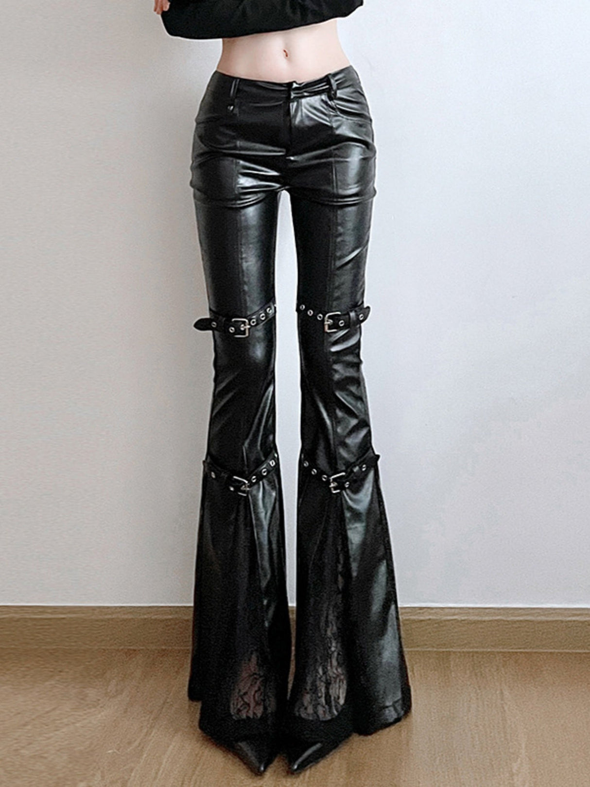 Leather Lace Patchwork Eyelet Buckle Low-rise Bell-bottoms Pants