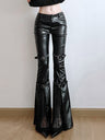 Leather Lace Patchwork Eyelet Buckle Low-rise Bell-bottoms Pants
