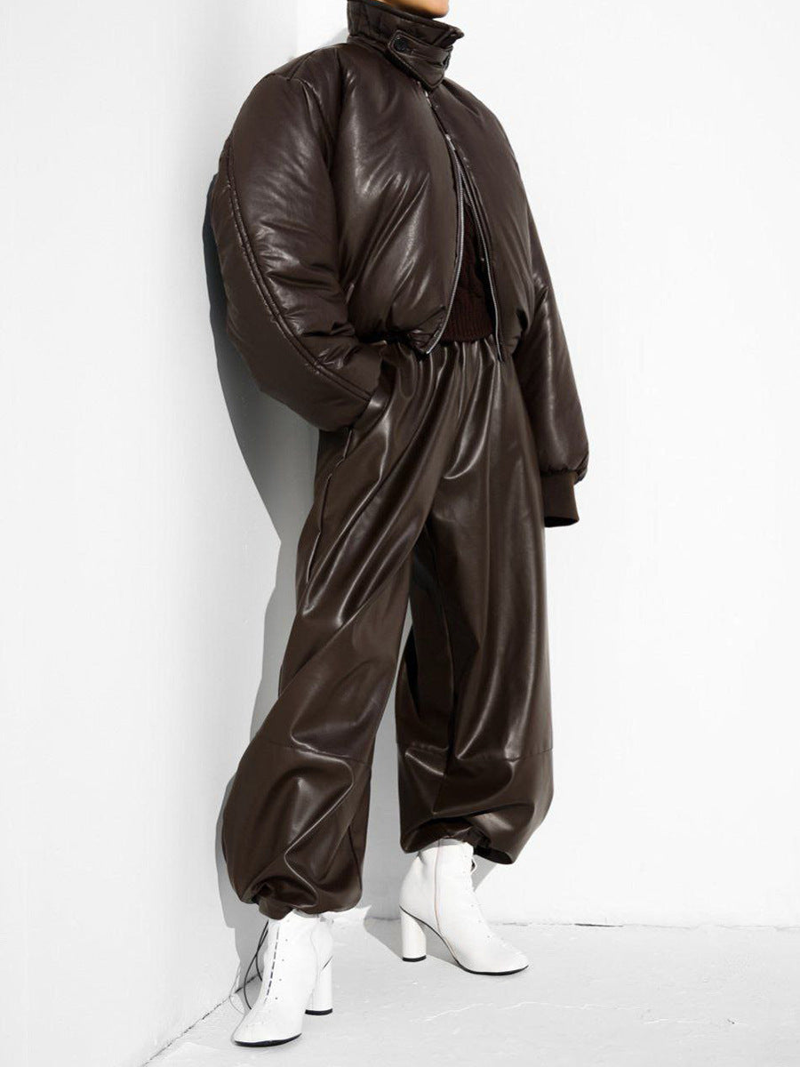 Drawstring Ankle Lantern Pants Loose Leather Pants PU Leather Trousers