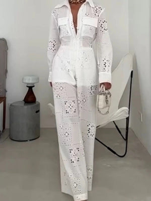 Hollow Applique Straight-leg Vacation Jumpsuit