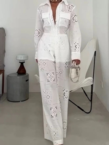 Hollow Applique Straight-leg Vacation Jumpsuit