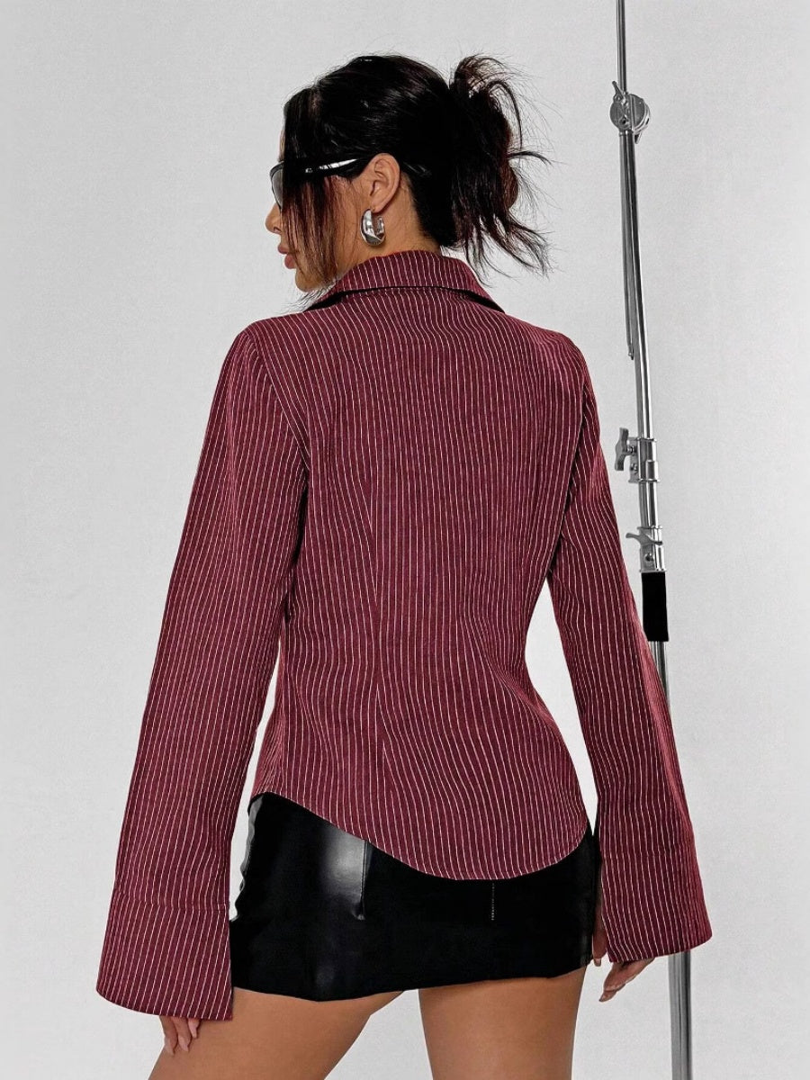 Claret Lapel Button Stripes Slim Fit Shirts