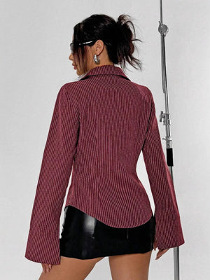 Claret Lapel Button Stripes Slim Fit Shirts
