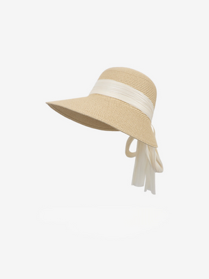 Beach Vacation Sunshade Straw Hat With Wide Brim, Bow And Ribbon