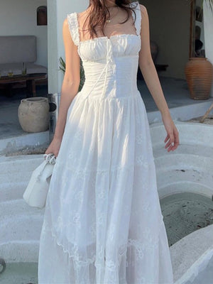 Lace Jacquard Square Neck Suspenders Sweet Tie Maxi Dresses