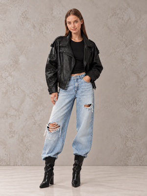 PU Leather Jacket With Long Sleeves For Autumn And Winter