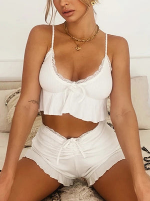 Lace Ruffles Bow Deep V Suspender Shorts Sweet Home Decor 2-piece Sets