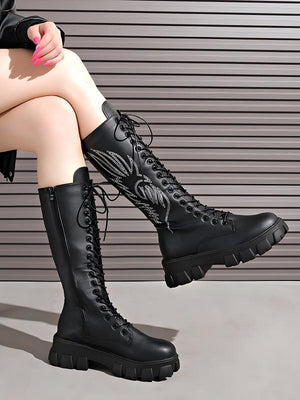 Lace-up Zippered Knee-high Platform Embroidered Vintage Women's Boots