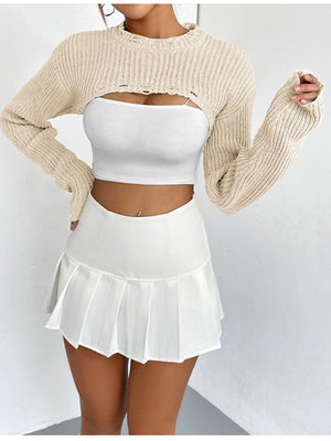 Liber Autumn women's knitted ripped short pullover mesh see-through top