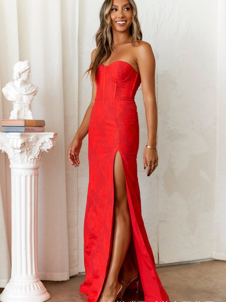 Liber Autumn women's prints Sweetheart Collar High-slit tube-top long dress
