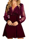 V-neck Mesh Splicing Long Sleeve Sequins A-pendulum Sexy Grace Party Short Dress