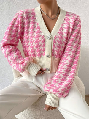 Houndstooth Balloon Sleeve Knitted Cardigan Sweater