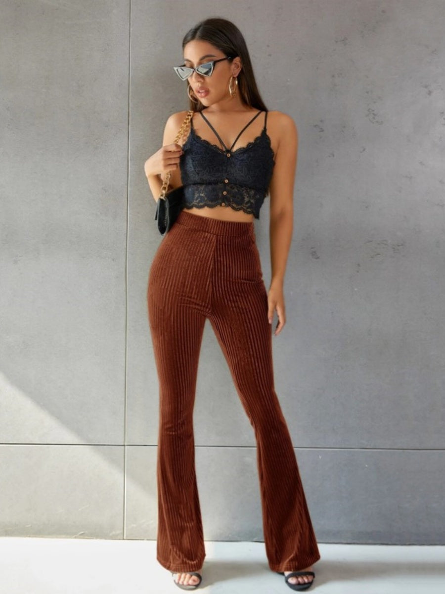 High-waisted Flared Pants Velvet Piping Bell-bottoms Sports Everyday Trousers