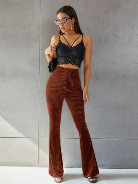 High-waisted Flared Pants Velvet Piping Bell-bottoms Sports Everyday Trousers