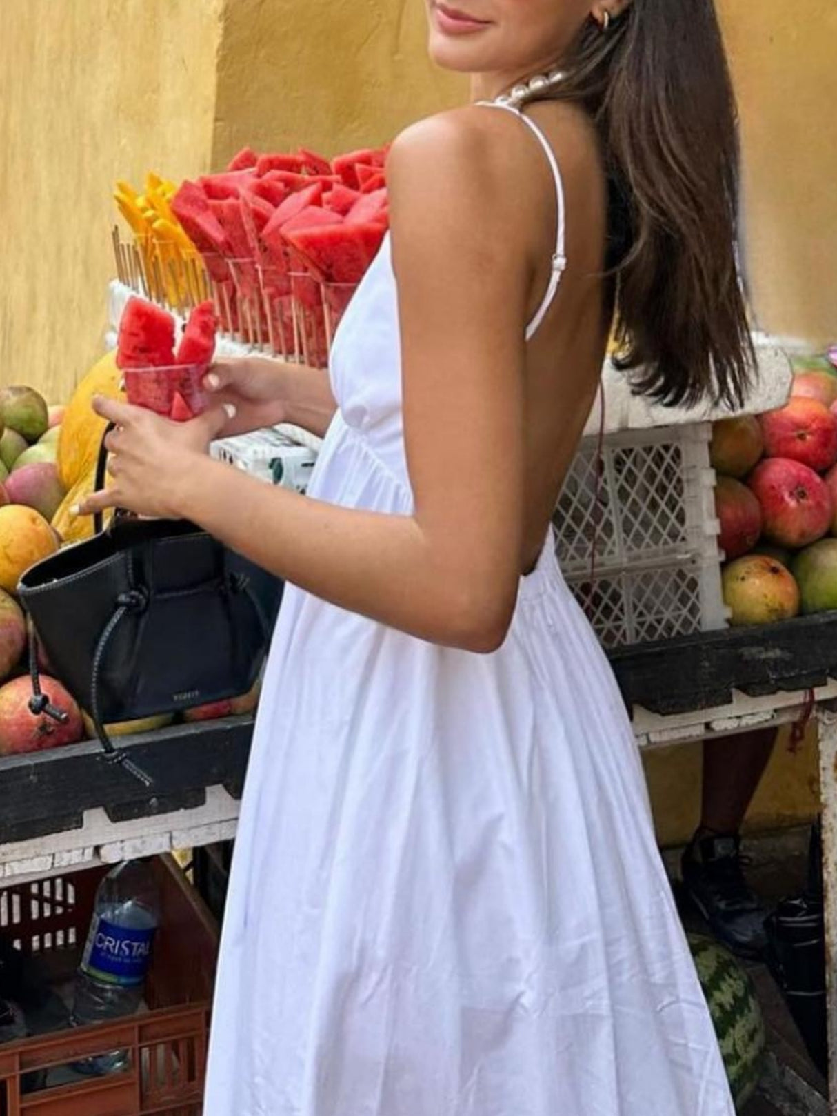 V-neck Suspenders Backless Pleats Maxi Dresses