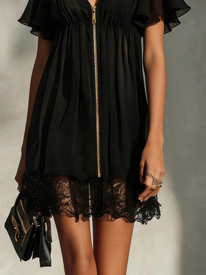 V-neck Zipper Cardigan Lace Splicing Mini&Short Dresses