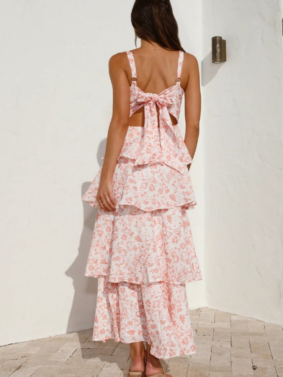 Floral Bow Tie Back Tiered Ruffle Maxi Dress