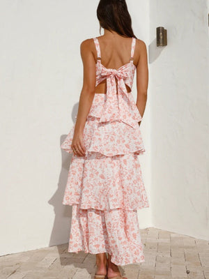 Floral Bow Tie Back Tiered Ruffle Maxi Dress