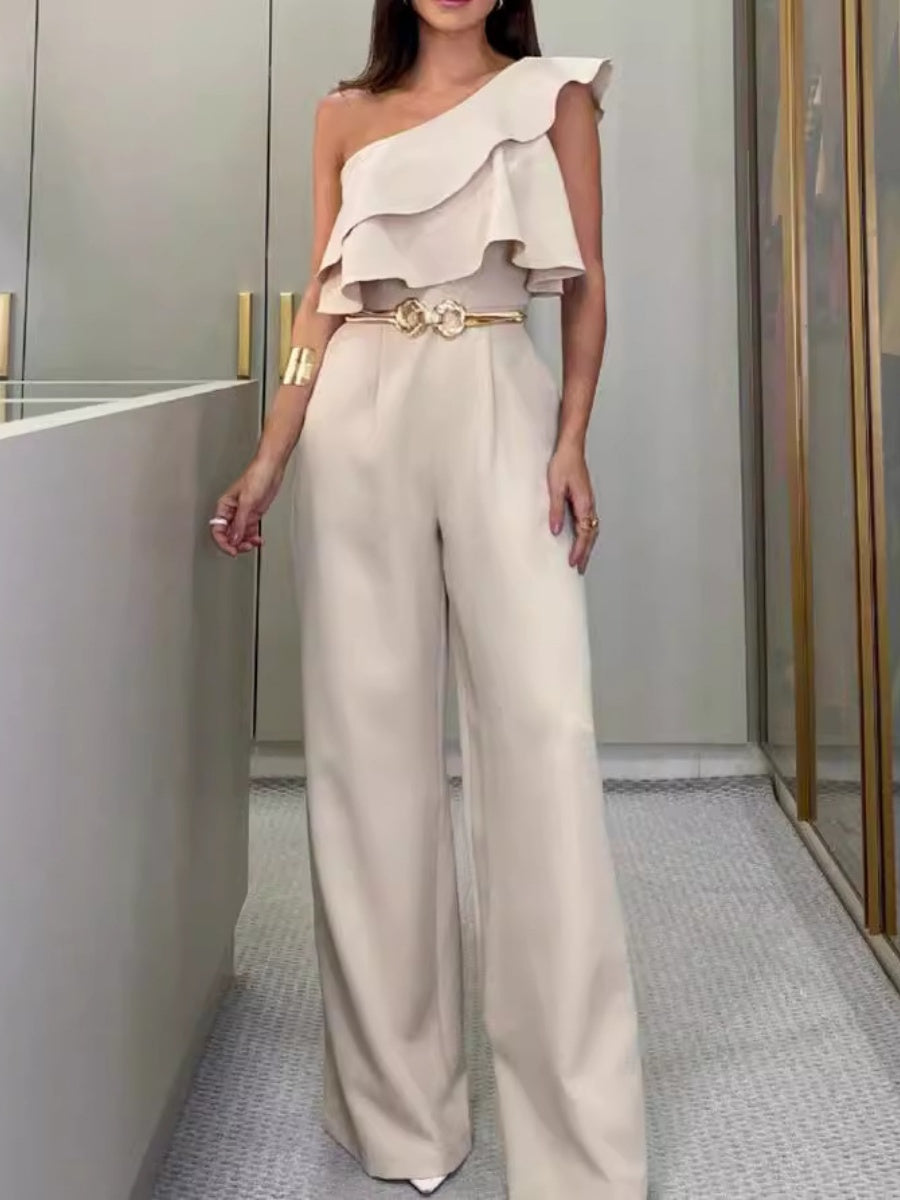 One Shoulder Commuting Ruffle Jumpsuits