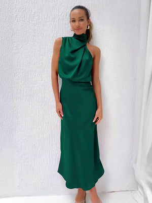 Satin Sleeveless Solid Color Halter Neck Long Dress