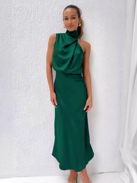 Satin Sleeveless Solid Color Halter Neck Long Dress