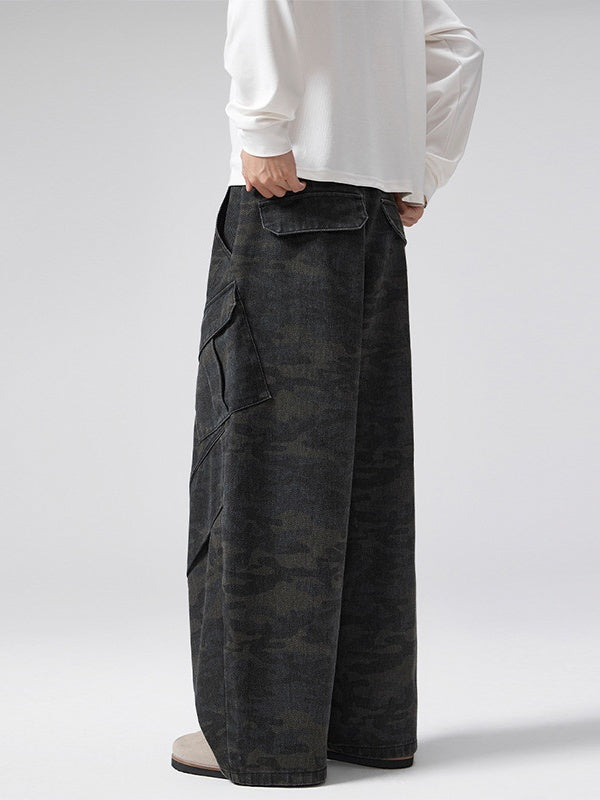 Retro Worn Out Machete Camouflage Multiple Pockets Pleated Cargo Trousers