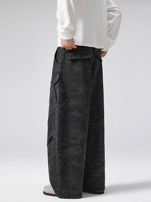 Retro Worn Out Machete Camouflage Multiple Pockets Pleated Cargo Trousers