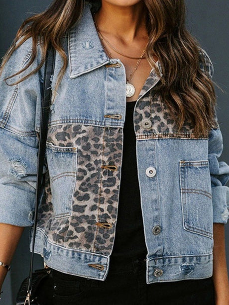 Liber Autumn Women's Leopard Splicing Denim jacket