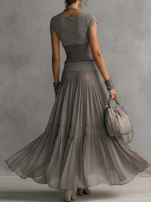 Grey Knitting Jacket Chiffon Long Skirt Set 2-piece Sets