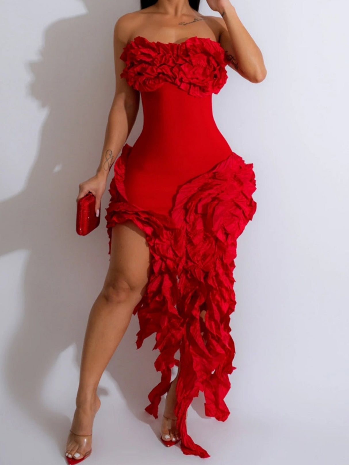 Robes midi plissées sans bretelles à fleurs 3D pour la Saint-Valentin