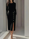 Long-sleeved, Solid Color, Round Neck, Fitted Waist, Button-down, Slit Midi Dress