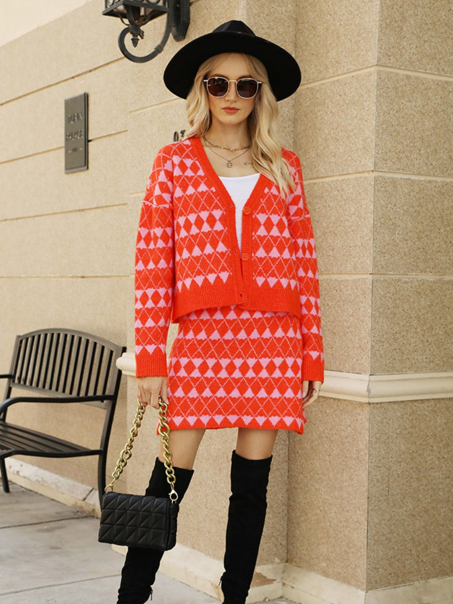 Liber Spring Women's Contrasting colors Diamond Two-piece suit V-neck cardigan A-line skirt Long sleeve