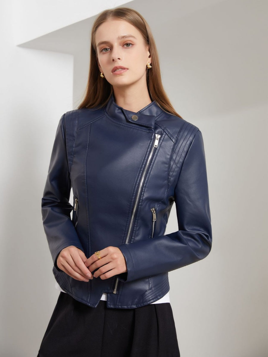 PU Leather Lapel Slim Fit Long Sleeve Short Jacket